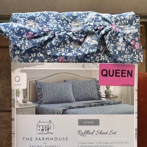 The FARMHOUSE Shabby Chic RUFFLED BLUE PINK FLORAL QUEEN Sheet Set  (BLUE BKGD)